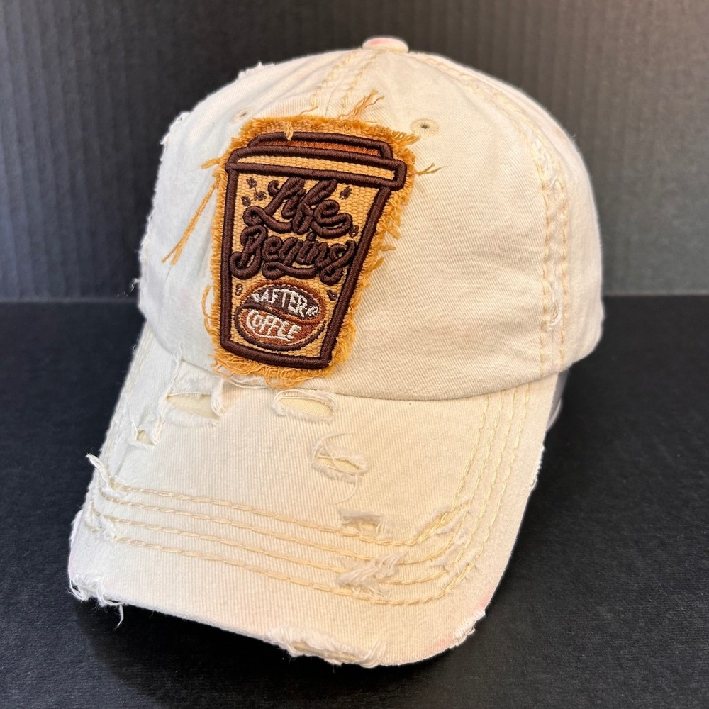 Coffee Cup Patch Mens Cream 4350 District Baseball Hat Distressed OS